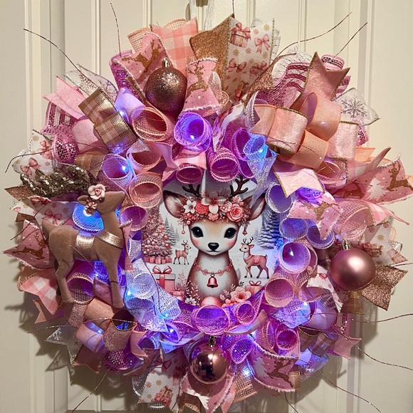 Handmade Pink Winter Floral Reindeer Holiday Ribbon Door Wreath 22 ins W82 - Picture 10 of 12